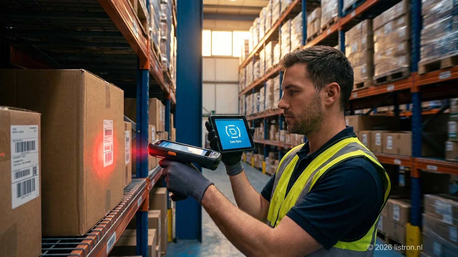 Warehouse worker scanning a product barcode for real-time inventory synchronization