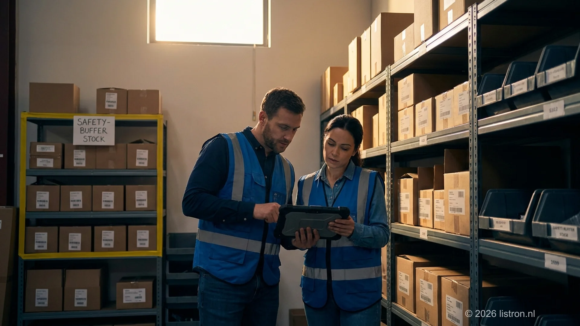 Warehouse staff reviewing stock with safety-buffer inventory set aside